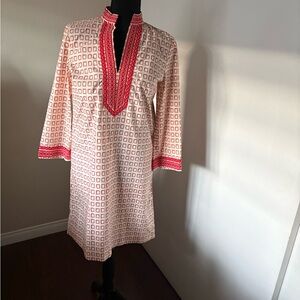 Tory Burch dark pink & cream base tunic Mini Dress classic Embroidered V-neck